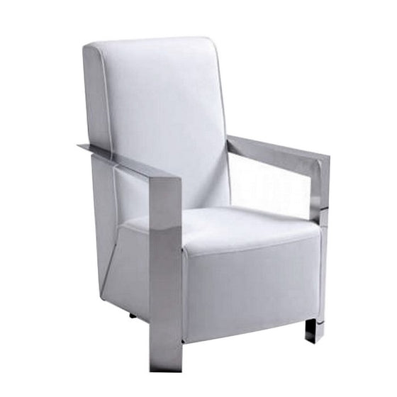 Contemporary Style Lounge Chair with Stainless Steel Arms, White and Silver