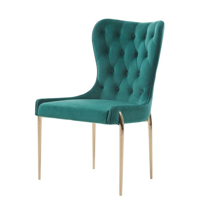 Button Tufted Curved Back Dining Chair, Set of 2,  Blue and Gold