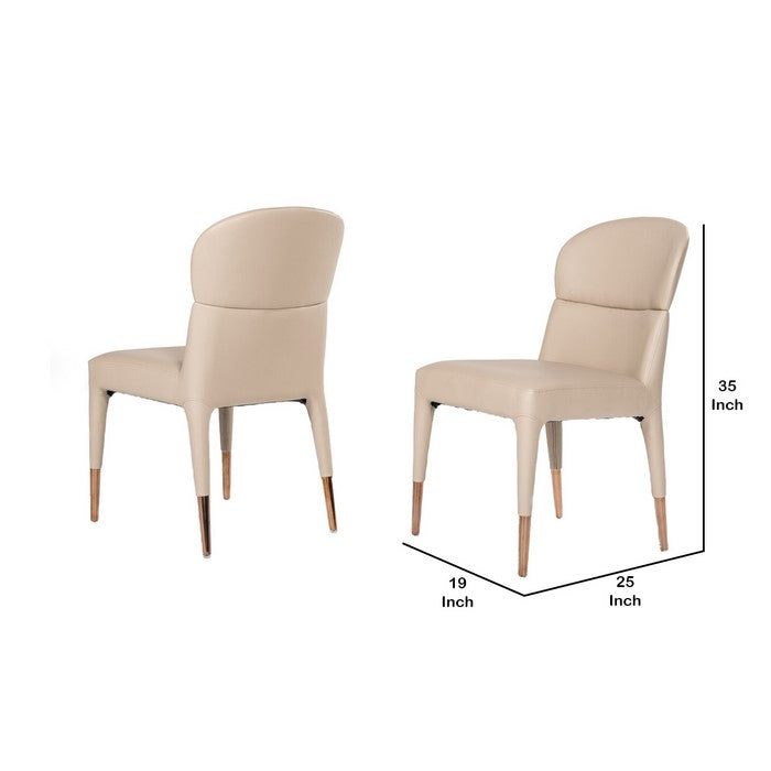 Wooden Dining Chair with Stitched Curved Backrest, Set of 2, Beige and Gold
