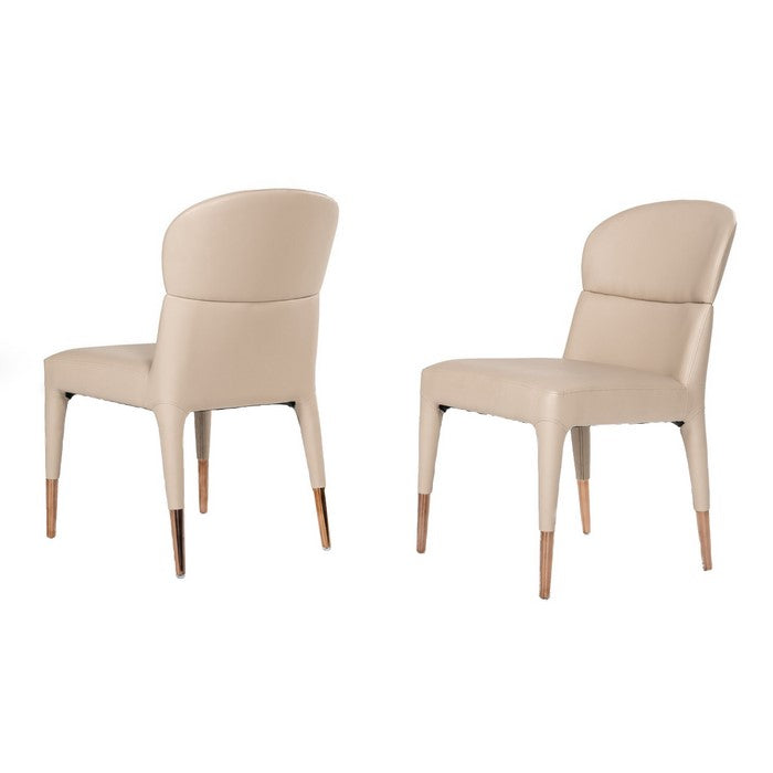 Wooden Dining Chair with Stitched Curved Backrest, Set of 2, Beige and Gold
