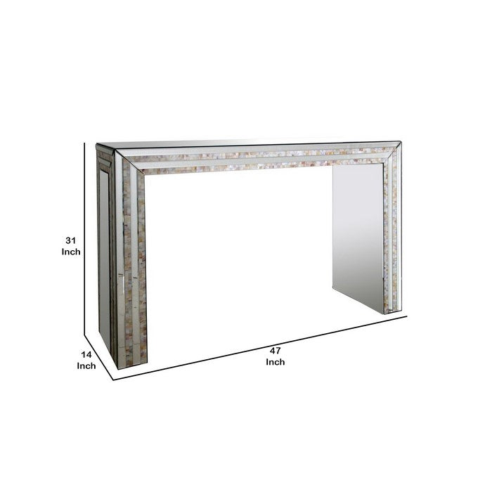 Mirrored Top and Sides Console Table with Shell Inlay, Silver