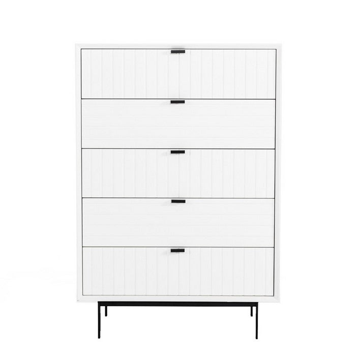 Wooden 5 Drawer Chest with Bar Pulls and Metal Straight Legs, White