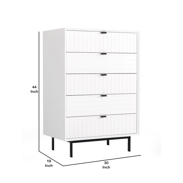 Wooden 5 Drawer Chest with Bar Pulls and Metal Straight Legs, White