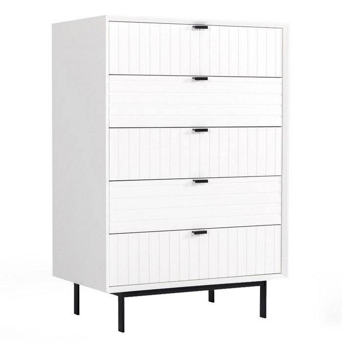Wooden 5 Drawer Chest with Bar Pulls and Metal Straight Legs, White