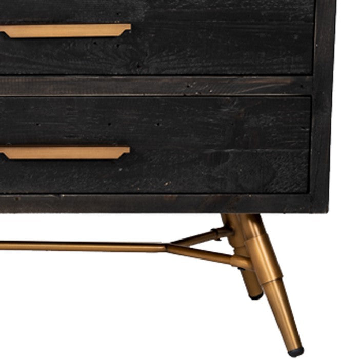 6 Drawer Wooden Dresser with Bar Handles and Angled Legs, Black and Gold