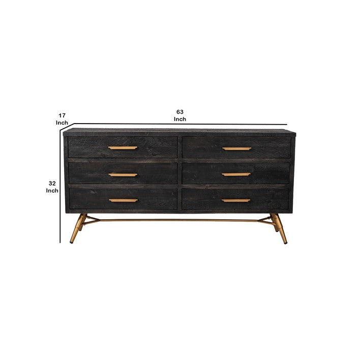 6 Drawer Wooden Dresser with Bar Handles and Angled Legs, Black and Gold