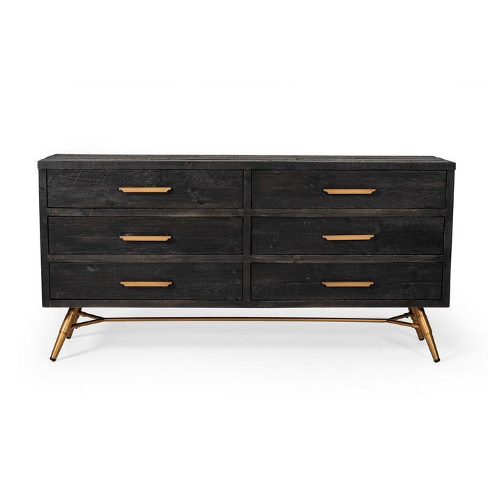 6 Drawer Wooden Dresser with Bar Handles and Angled Legs, Black and Gold