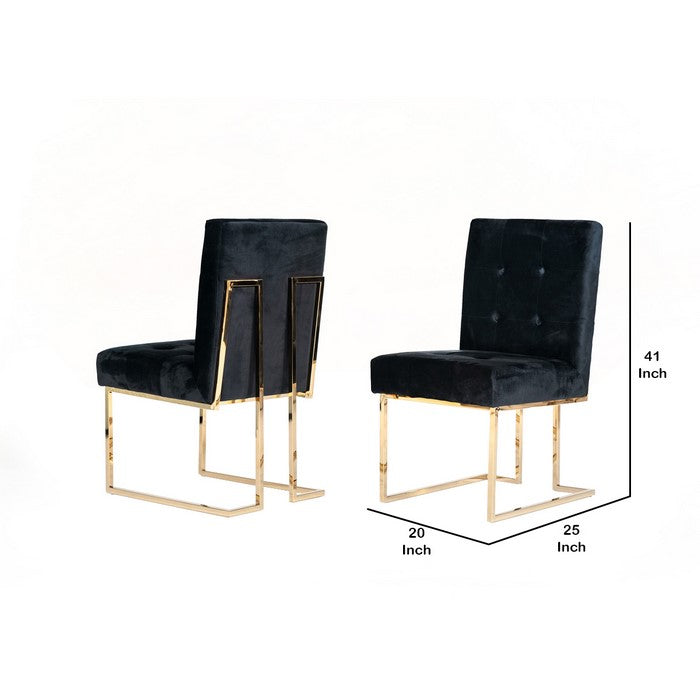 Button Tufted Dining Chair with Cantilever Base, Set of 2, Black and Gold