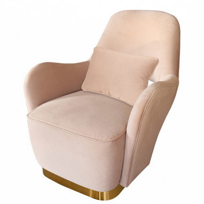 Velvet Lounge Chair with Throw Pillow and Plinth Base, Beige and Gold