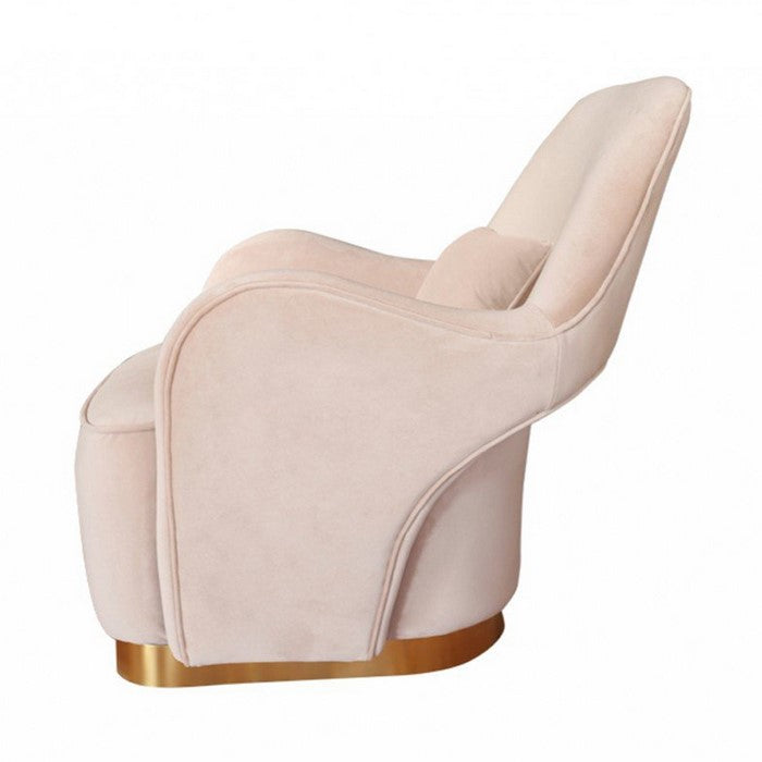 Velvet Lounge Chair with Throw Pillow and Plinth Base, Beige and Gold