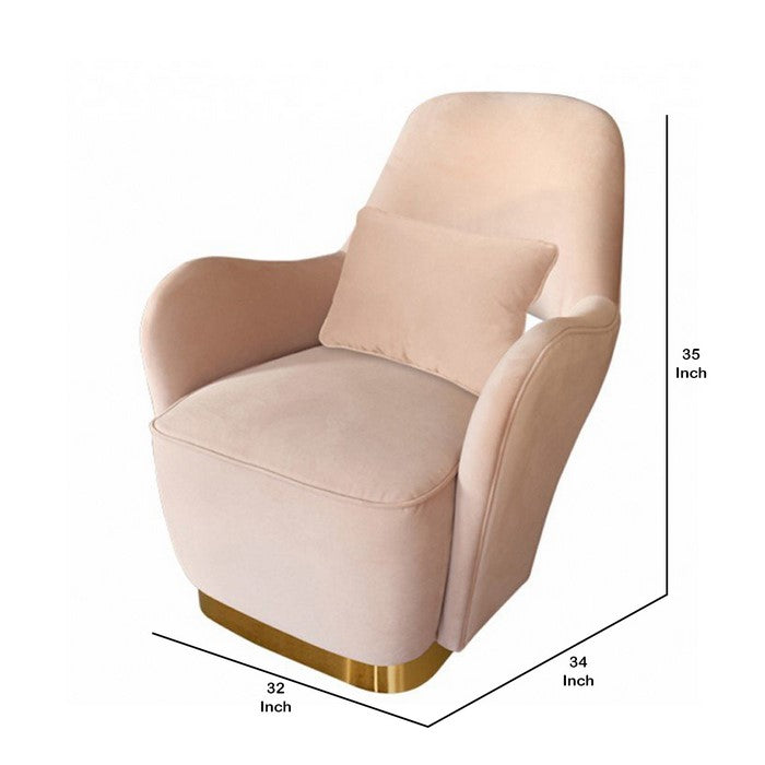 Velvet Lounge Chair with Throw Pillow and Plinth Base, Beige and Gold