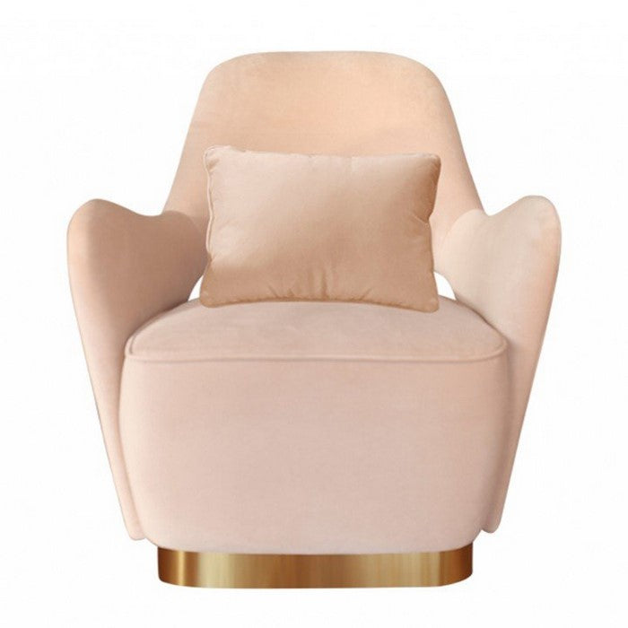 Velvet Lounge Chair with Throw Pillow and Plinth Base, Beige and Gold
