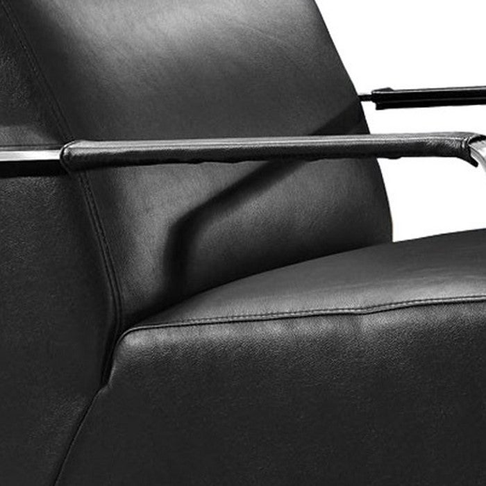Leather Lounge Chair with Steel Arms and Sled Base, Black and Silver