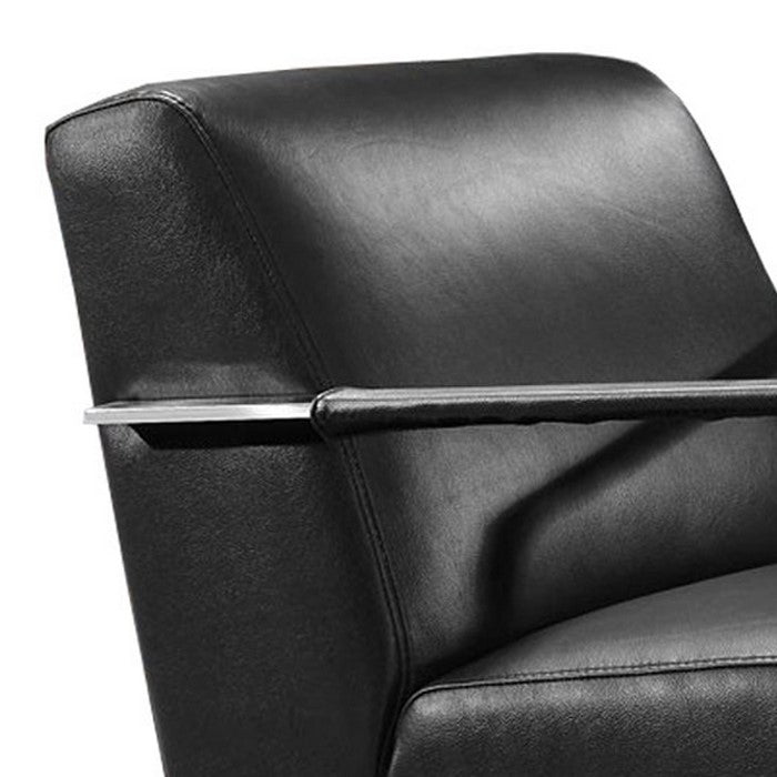 Leather Lounge Chair with Steel Arms and Sled Base, Black and Silver