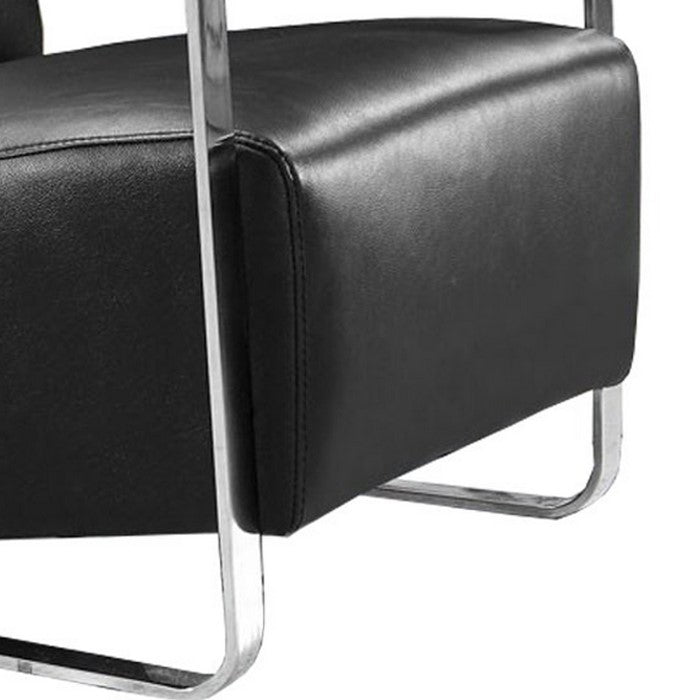 Leather Lounge Chair with Steel Arms and Sled Base, Black and Silver