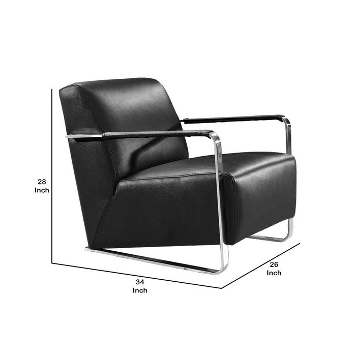 Leather Lounge Chair with Steel Arms and Sled Base, Black and Silver