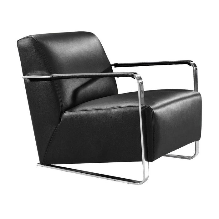 Leather Lounge Chair with Steel Arms and Sled Base, Black and Silver