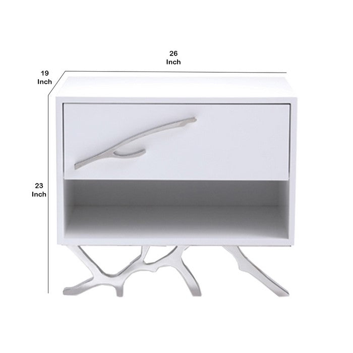 1 Drawer Wooden Nightstand with Metal Legs and Accents, White and Silver