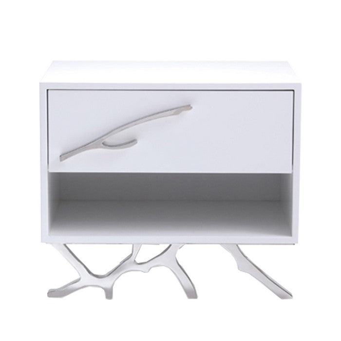 1 Drawer Wooden Nightstand with Metal Legs and Accents, White and Silver