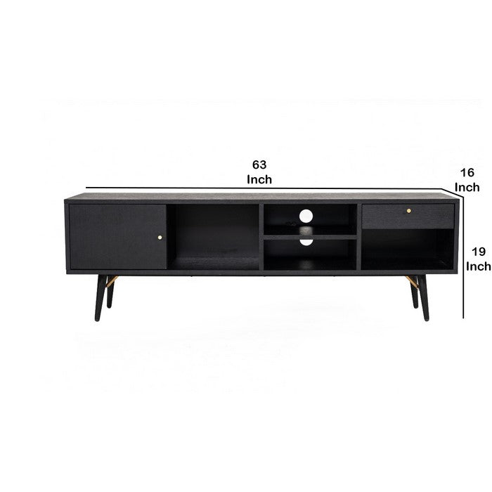 1 Door Storage Transitional Style TV Stand with 2 Open Shelves, Black