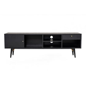 1 Door Storage Transitional Style TV Stand with 2 Open Shelves, Black