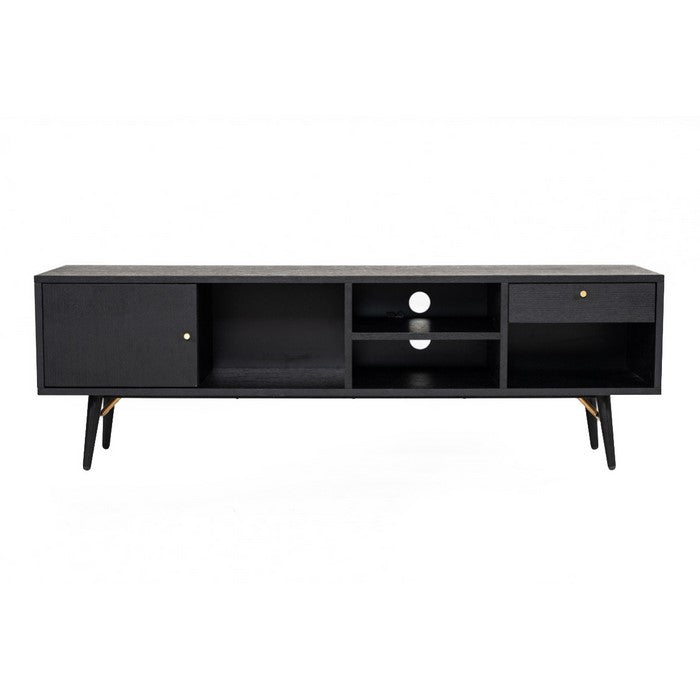 1 Door Storage Transitional Style TV Stand with 2 Open Shelves, Black
