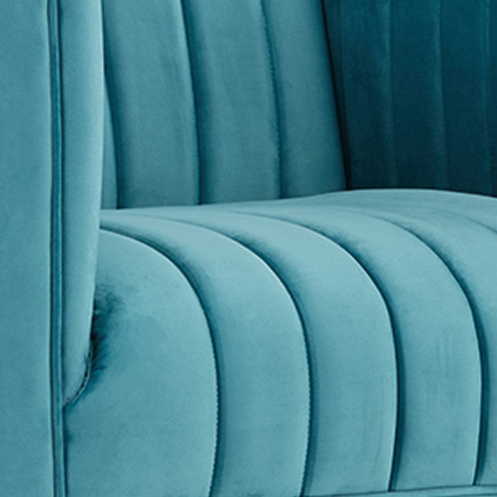 Velvet Lounge Chair with Vertical Stitched Channels, Blue and Gold