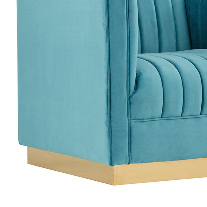 Velvet Lounge Chair with Vertical Stitched Channels, Blue and Gold