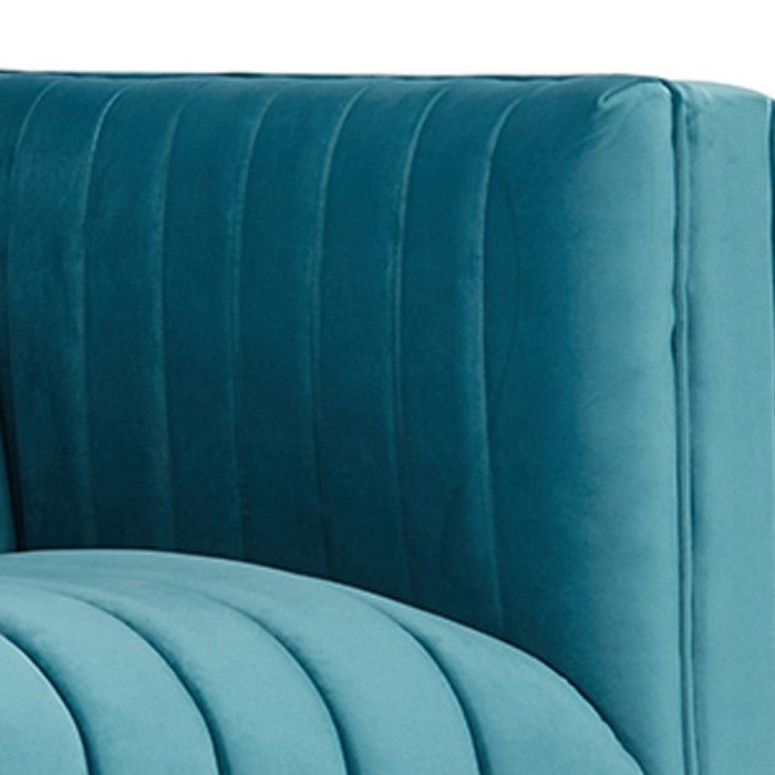 Velvet Lounge Chair with Vertical Stitched Channels, Blue and Gold