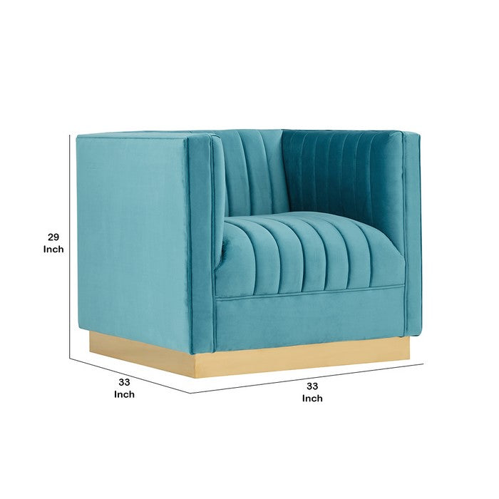 Velvet Lounge Chair with Vertical Stitched Channels, Blue and Gold
