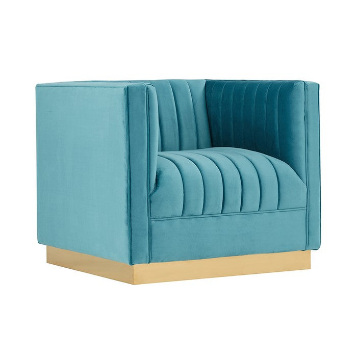 Velvet Lounge Chair with Vertical Stitched Channels, Blue and Gold