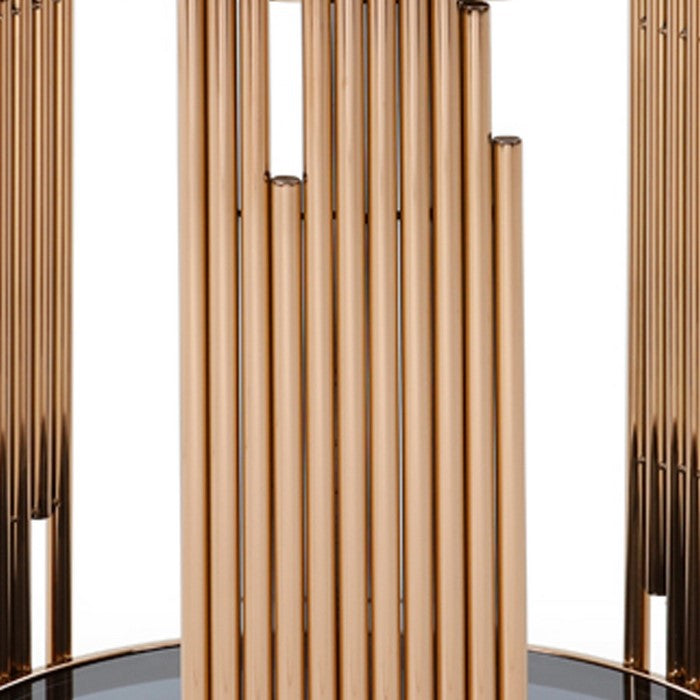 Round Shaped End Table with Smoked Glass Top and Metal Pipe Frame, Gold and Black