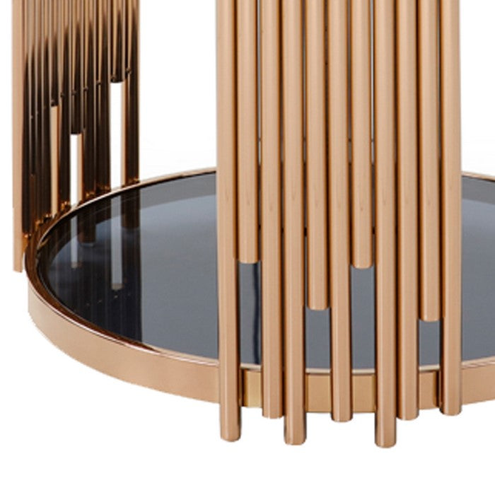 Round Shaped End Table with Smoked Glass Top and Metal Pipe Frame, Gold and Black