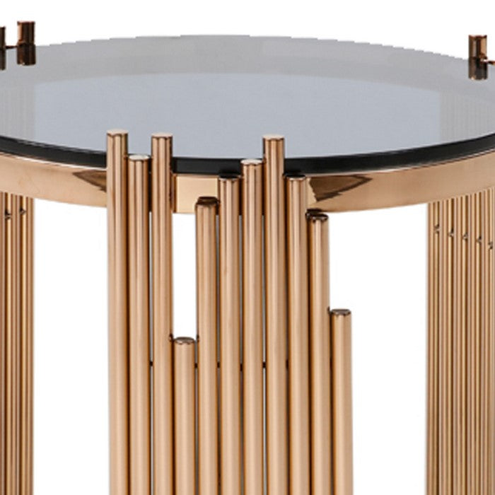 Round Shaped End Table with Smoked Glass Top and Metal Pipe Frame, Gold and Black
