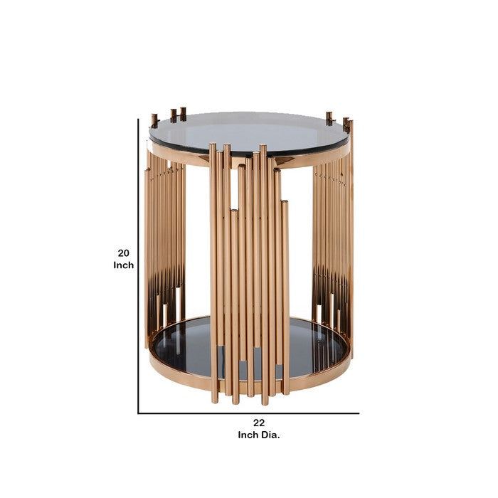 Round Shaped End Table with Smoked Glass Top and Metal Pipe Frame, Gold and Black