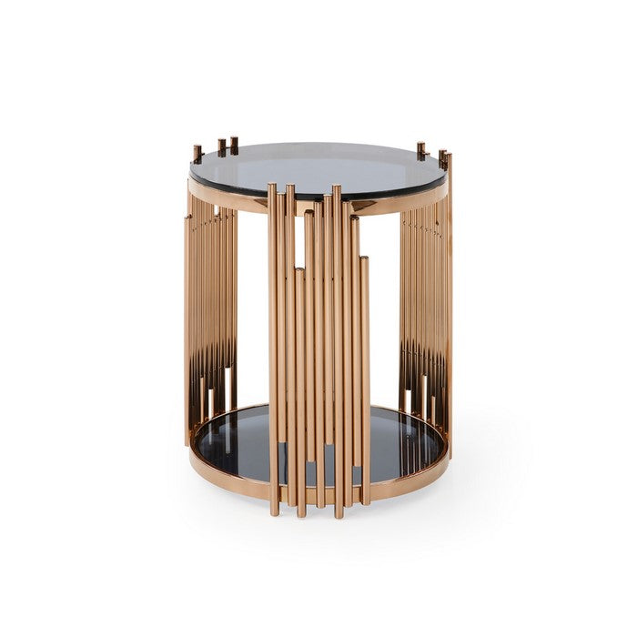 Round Shaped End Table with Smoked Glass Top and Metal Pipe Frame, Gold and Black