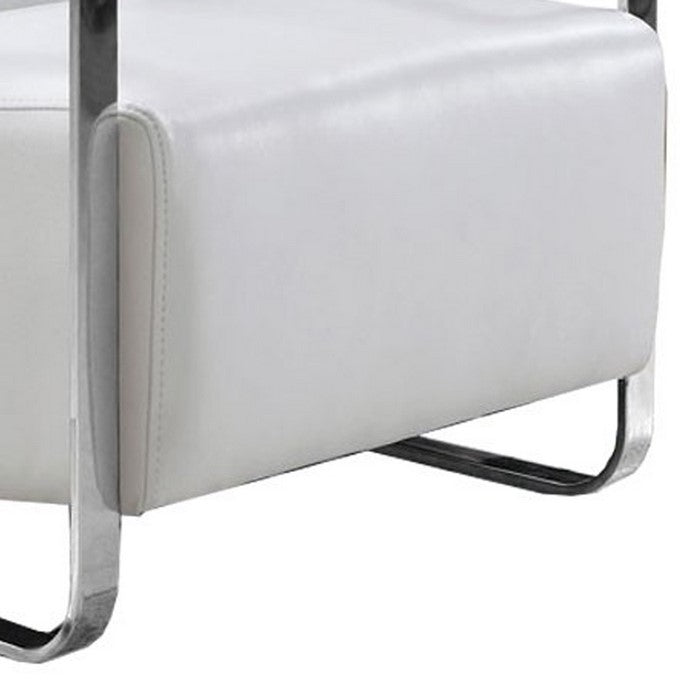 Leather Lounge Chair with Steel Arms and Sled Base, White and Silver