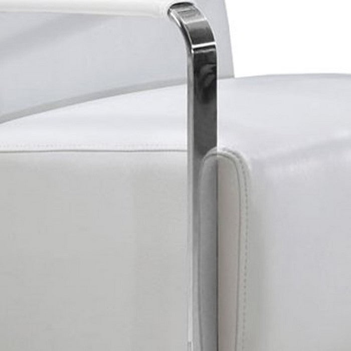 Leather Lounge Chair with Steel Arms and Sled Base, White and Silver