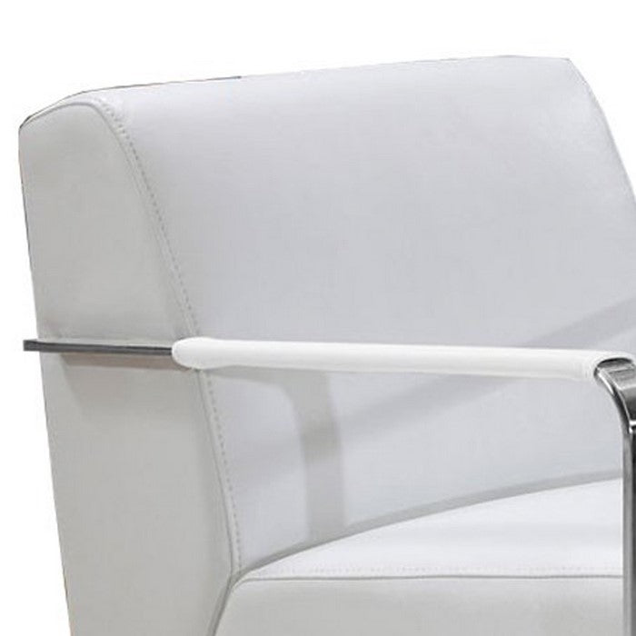 Leather Lounge Chair with Steel Arms and Sled Base, White and Silver