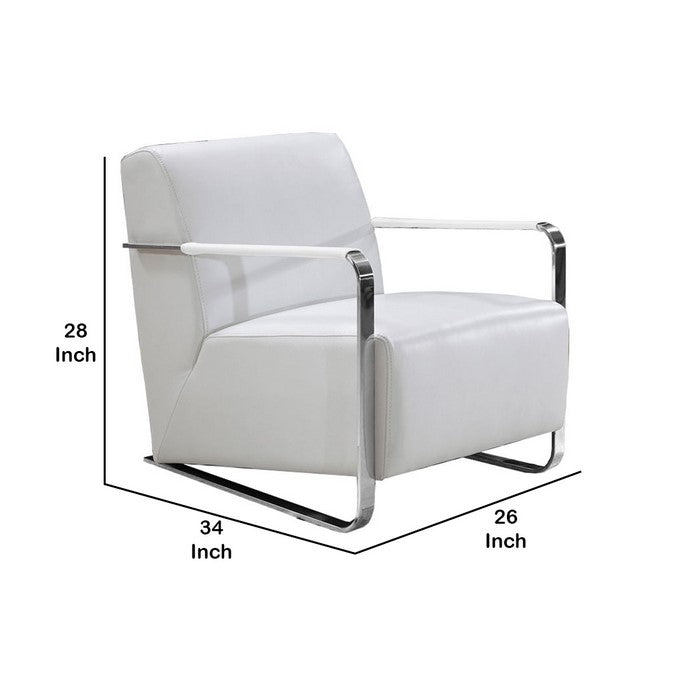 Leather Lounge Chair with Steel Arms and Sled Base, White and Silver