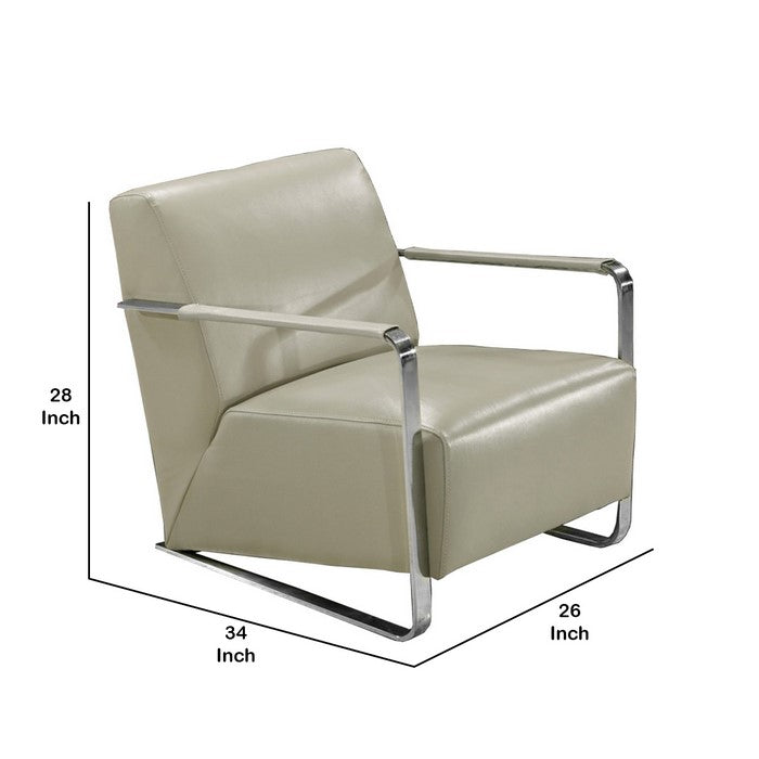 Leather Lounge Chair with Steel Arms and Sled Base, Gray and Silver