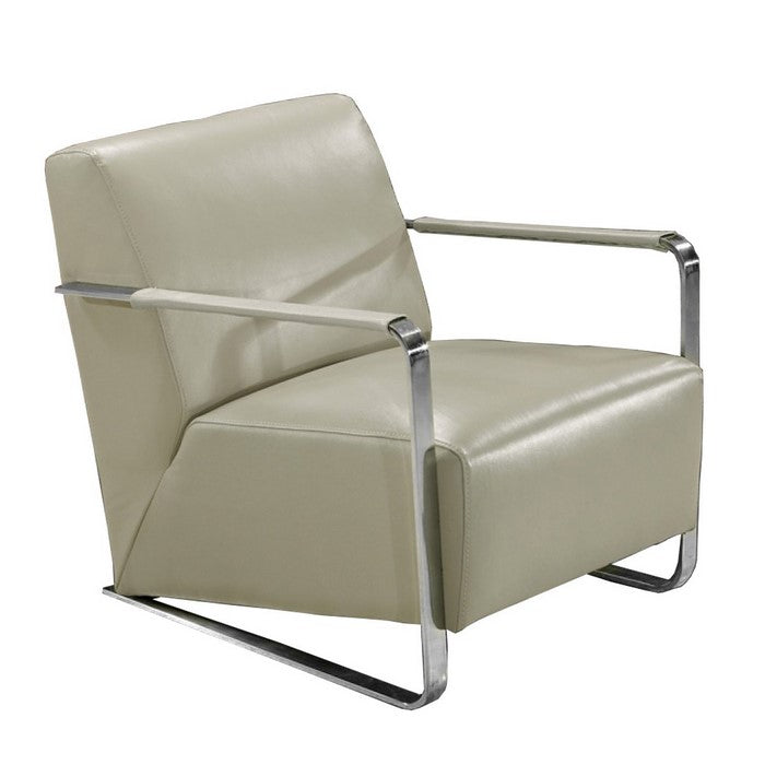 Leather Lounge Chair with Steel Arms and Sled Base, Gray and Silver