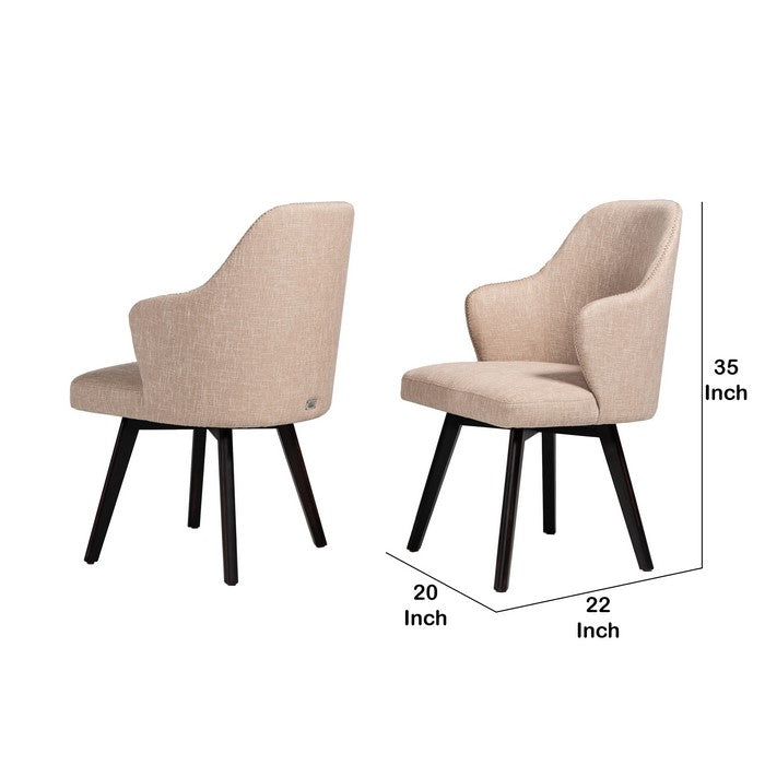 Fabric Curved Back Dining Chair with Sloped Arms, Set of 2, Brown and Beige
