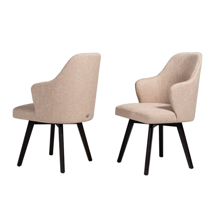 Fabric Curved Back Dining Chair with Sloped Arms, Set of 2, Brown and Beige