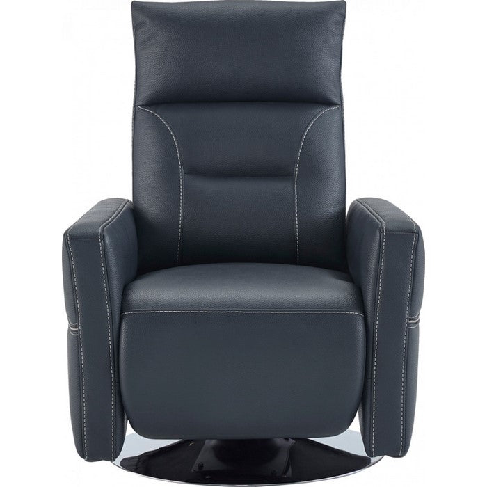 Leatherette Recliner with Round Metal Base and Contrast Stitching, Blue