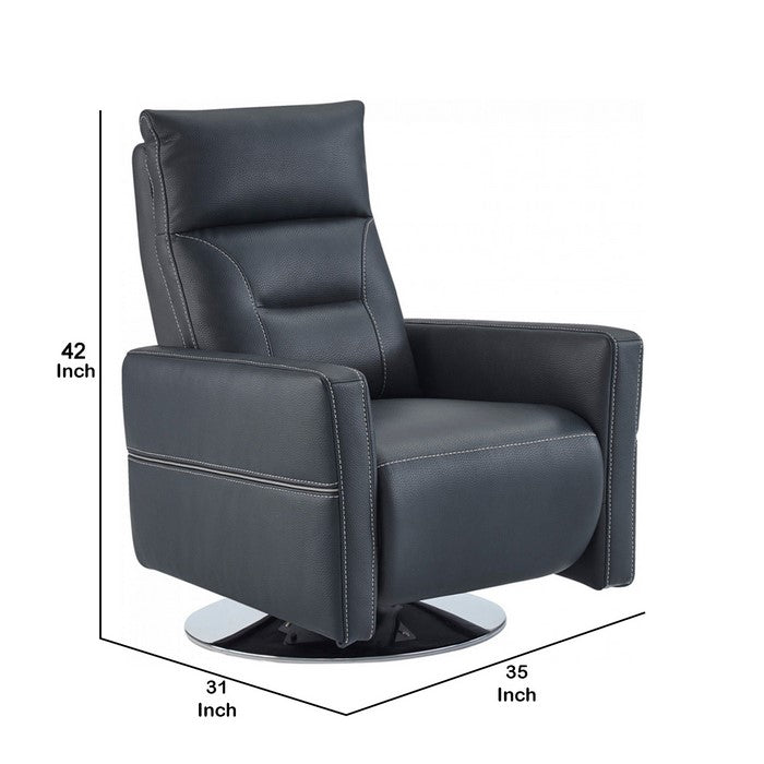 Leatherette Recliner with Round Metal Base and Contrast Stitching, Blue