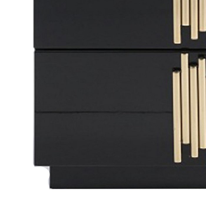 2 Storage Drawer Nightstand with Multiple Pipe Handles, Black and Gold