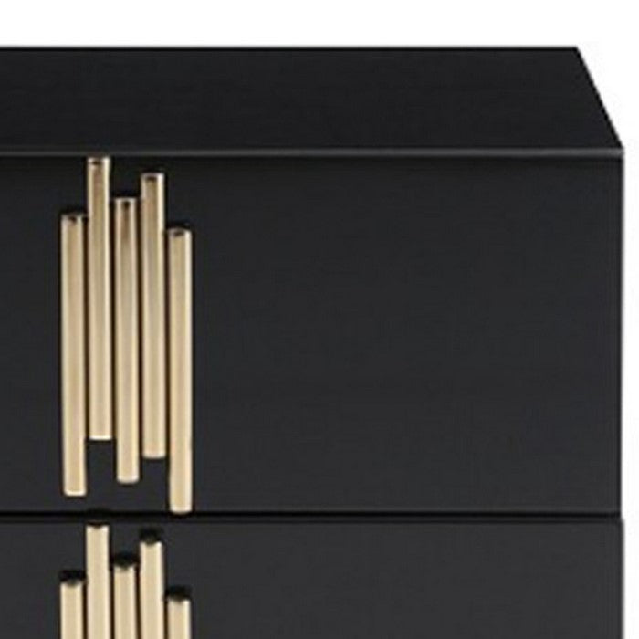 2 Storage Drawer Nightstand with Multiple Pipe Handles, Black and Gold