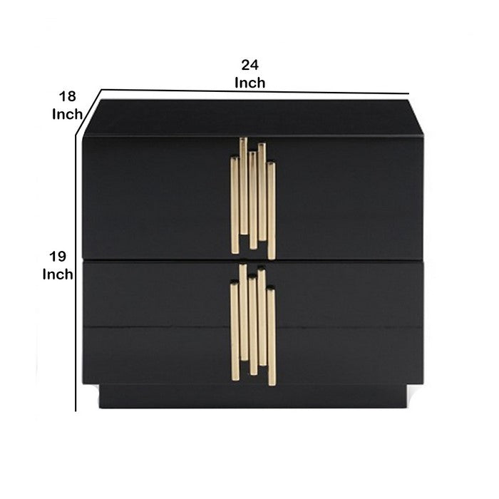 2 Storage Drawer Nightstand with Multiple Pipe Handles, Black and Gold