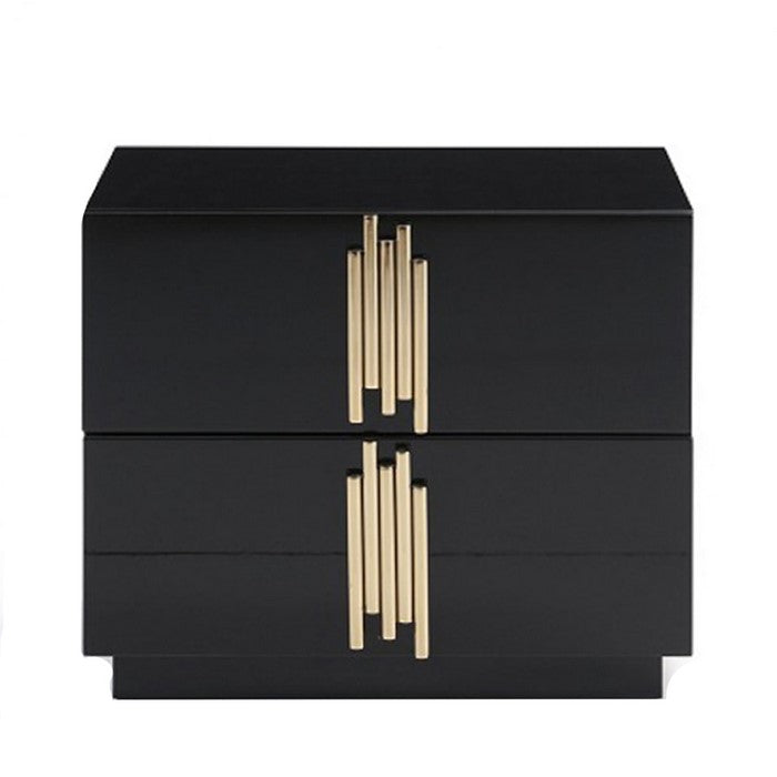 2 Storage Drawer Nightstand with Multiple Pipe Handles, Black and Gold